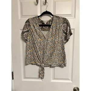 Lucky Brand Floral Print V Neck Crop Top With Tie Women's Size L